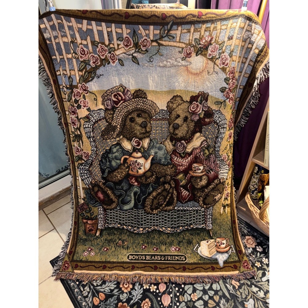 Boyds Bears & Friends Woven Tapestry Throw Blanket Garden Tea Party 48x65